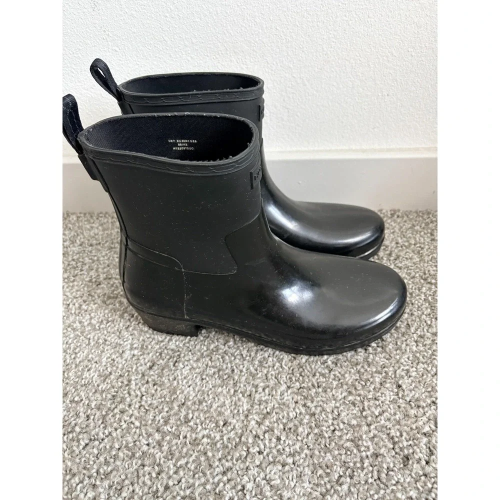 Hunter Black Rain Boots Women's 9 Refined Low Heel Biker Gloss Duo Outdoor